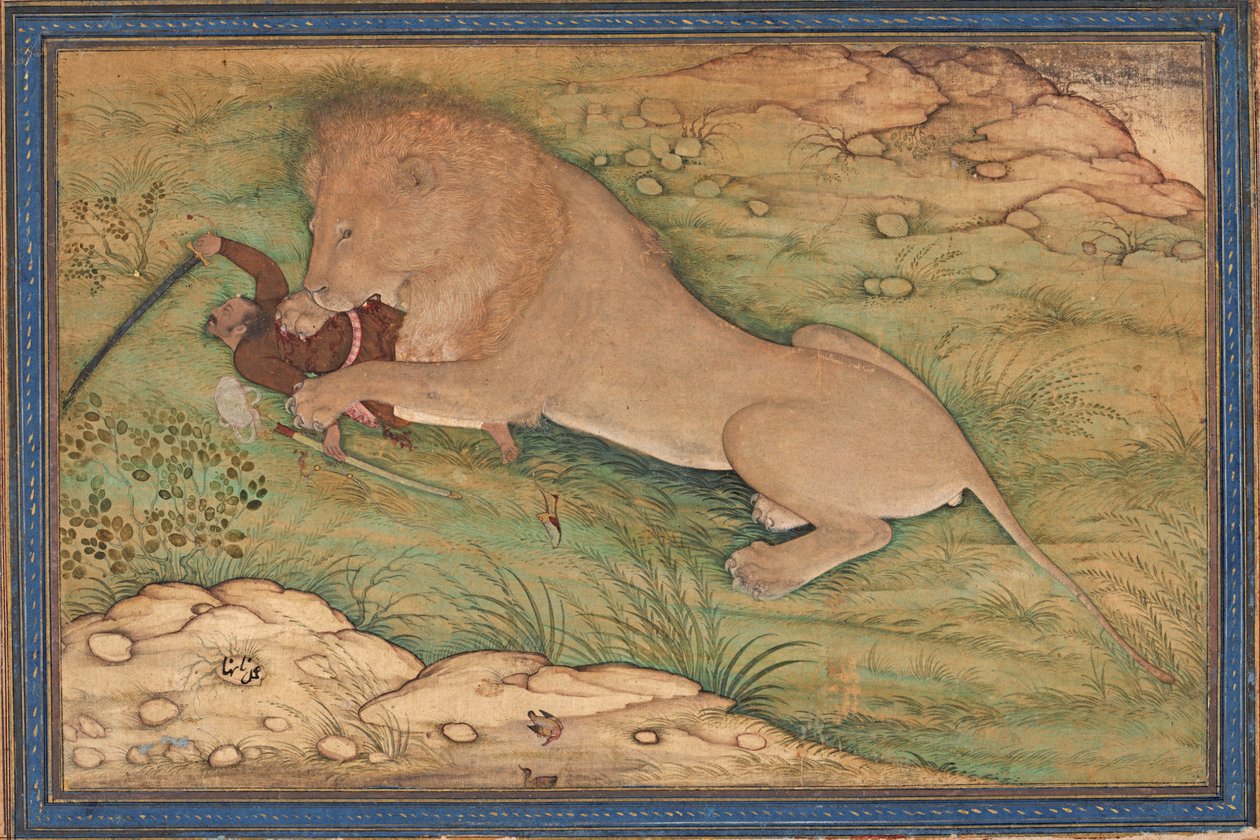 مخاطر الصيد ، أسد ينقض على صياد ، c.1615 (مرحاض غير شفاف على الحرير) بواسطة نانها