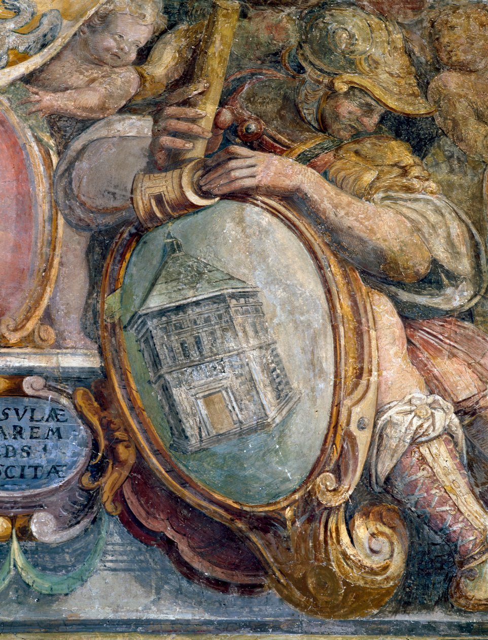 غرفة نوم ، تفاصيل إفريز يصور المدن والمباني تحت سيطرة ميديتشي ، معمودية S. Giovanni ، فلورنسا ، 1564-75 فريسكو بواسطة بارتولوميو عماناتي