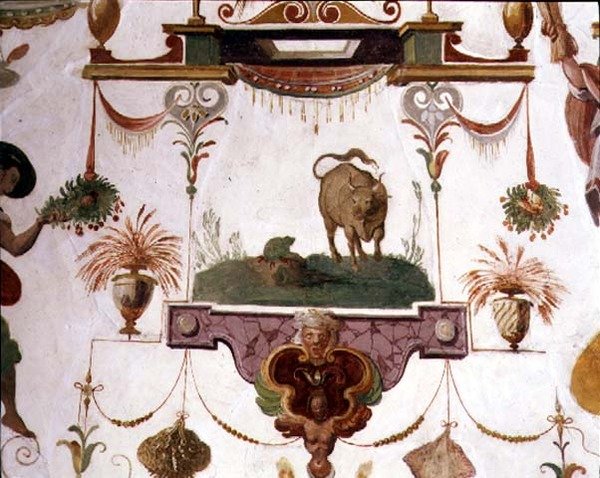 تفاصيل "ستوديولو" (دراسة) لفرانشيسكو دي ميديسي (1541-87) من الزخرفة التي تصور بشعًا لثور وضفدع بواسطة ناني دي بي بيغيو وبارتولوميو عماناتي
