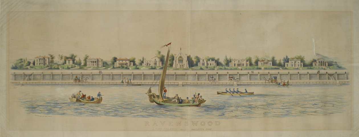 Ravenswood ، لونغ آيلاند ، بالقرب من Hallets Cove (ليثو ملون يدويًا) بواسطة ناثانيل كورير