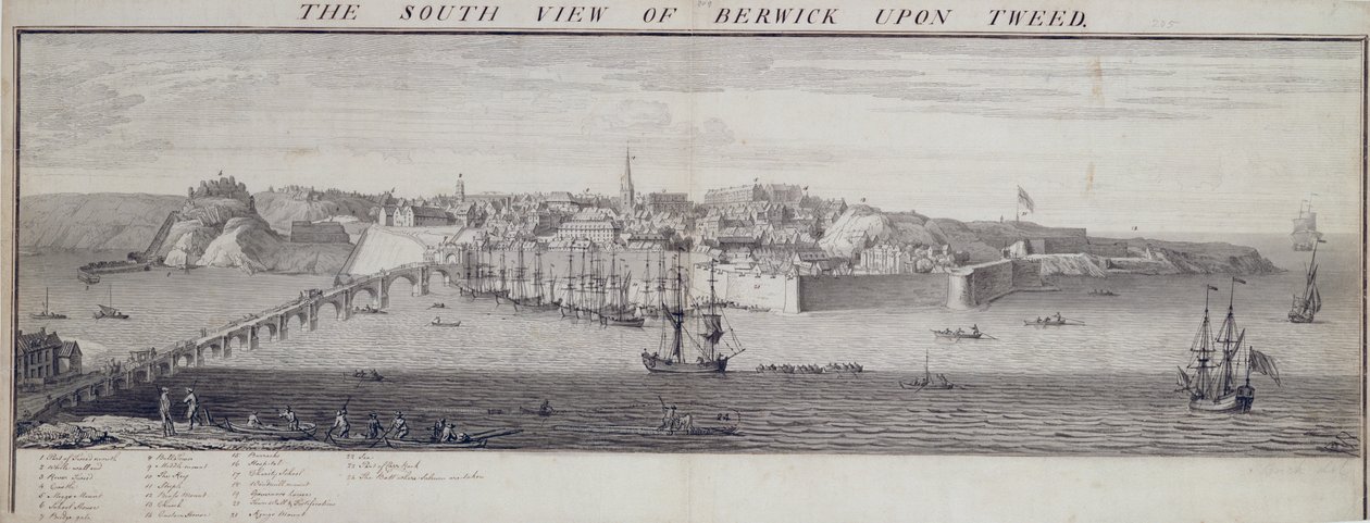 المنظر الجنوبي لبيرويك أبون تويد ، c.1743-45 (قلم وحبر وغسل على ورق) بواسطة ناثانيال وصموئيل باك