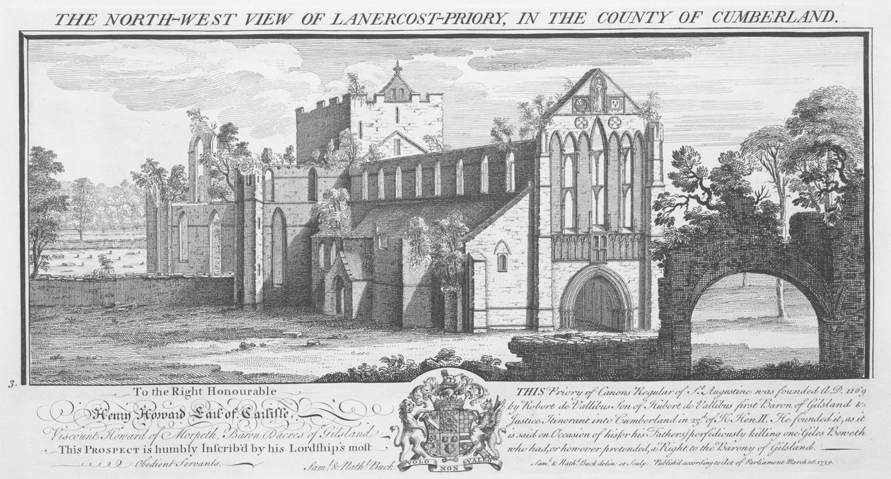"المنظر الشمالي الغربي لـ Lanercost Priory في مقاطعة كمبرلاند" ، ١٧٣٩ بواسطة ناثانيال باك