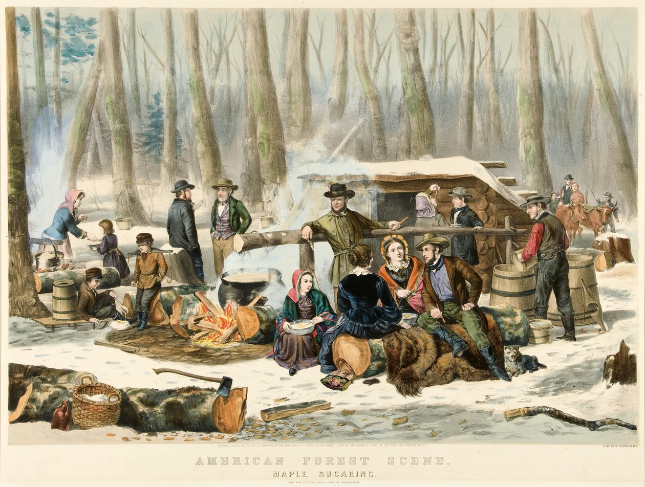 مشهد الغابة الأمريكية - Maple Sugaring ، حانة. 1855 بواسطة ناثانيل كورير