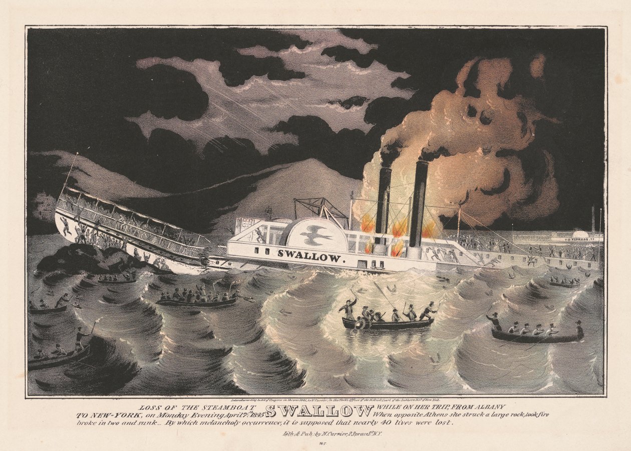 فقد السفينة البخارية السنونو ، أثناء رحلتها من ألباني إلى نيويورك ، 1845 بواسطة ناثانيل كورير