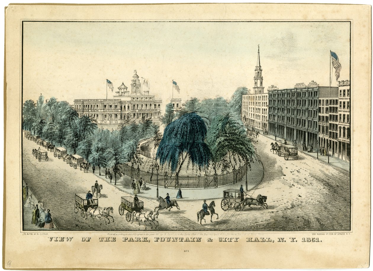 منظر للحديقة ، Fountain und City Hall ، NY 1851 ، 1851 بواسطة ناثانيل كورير