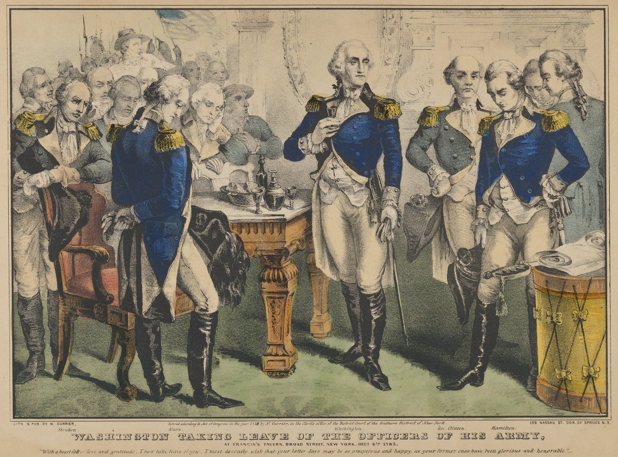 واشنطن أخذ إجازة من ضباط جيشه - في شارع فرانسيس تافيرن ، شارع برود ، نيو ... ، 1848. بواسطة ناثانيل كورير