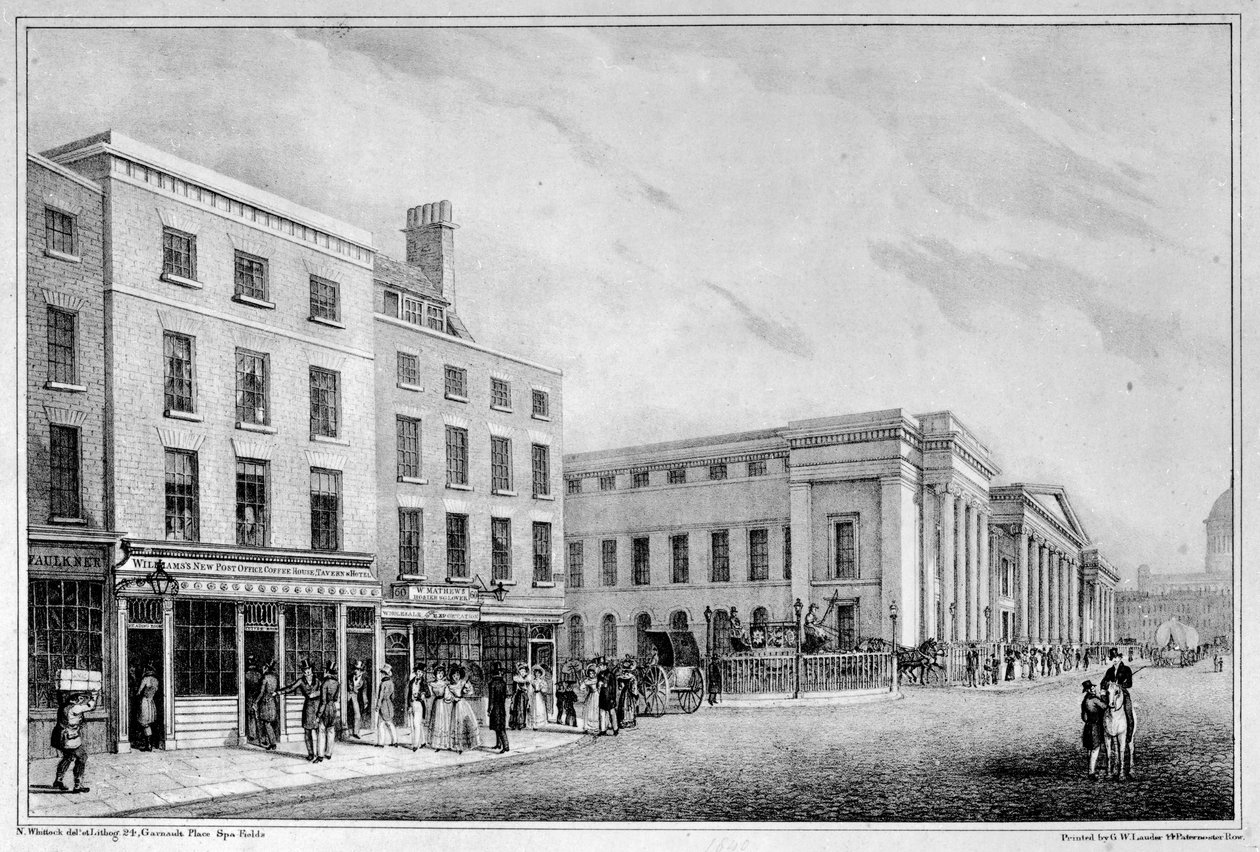 منظر على طول شارع Aldersgate و St Martin-le-Grand إلى كاتدرائية St Pauls ، c.1830 بواسطة ناثانيل ويتوك