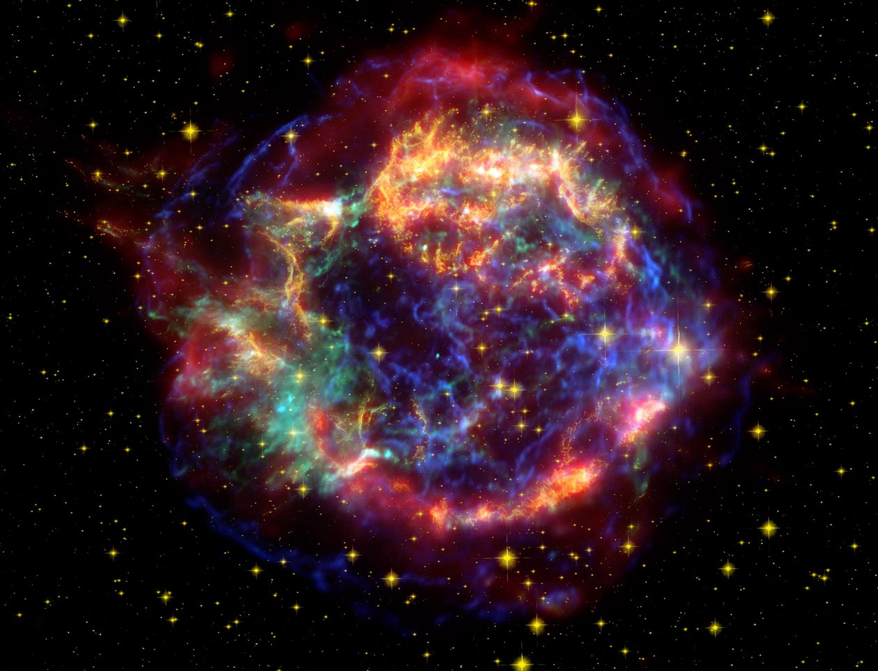 صورة زائفة اللون لبقايا المستعر الأعظم من Cassiopeia A في كوكبة Cassiopeia ، على بعد 10000 سنة ضوئية. إنها بقايا نجم ضخم كان قد مات في انفجار مستعر أعظم. ناسا الائتمان. علوم بواسطة الإدارة الوطنية للملاحة الجوية والفضاء الإدارة الوطنية للملاحة الجوية والفضاء