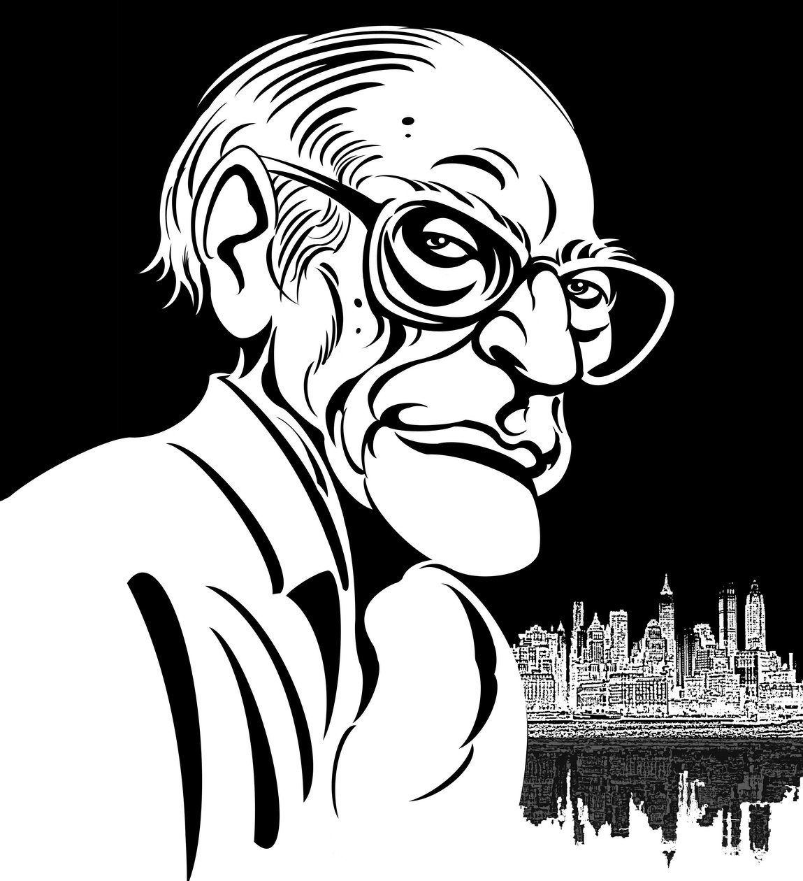 آرثر ميللر ، كاتب مسرحي أمريكي (1915-2005) ؛ كاريكاتير أبيض وأسود بواسطة نيل أوزبورن