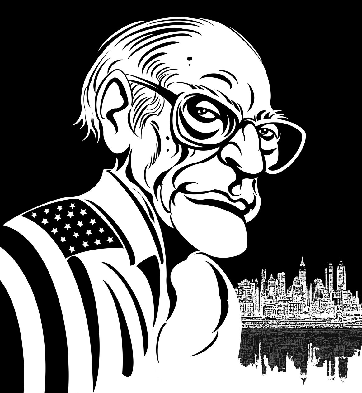 آرثر ميللر ، كاتب مسرحي أمريكي (1915-2005) ؛ صورة كاريكاتورية بالأبيض والأسود ، ملفوفة بالعلم الأمريكي بواسطة نيل أوزبورن