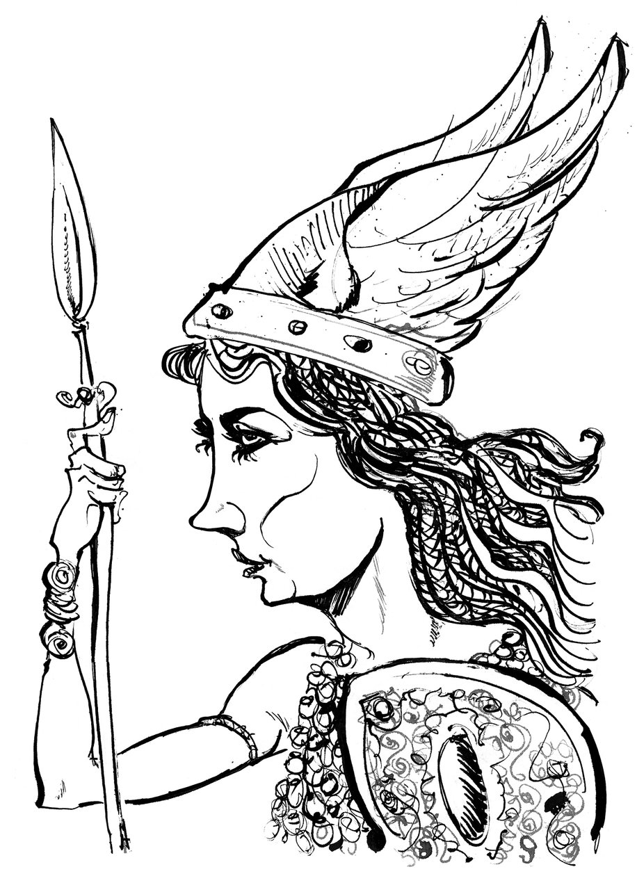 Kirsten Flagstad مثل Brünnhilde من الأوبرا Die Walküre بقلم ريتشارد فاجنر (الملحن الألماني 1813-1883) ؛ كاريكاتير أبيض وأسود بواسطة نيل أوزبورن