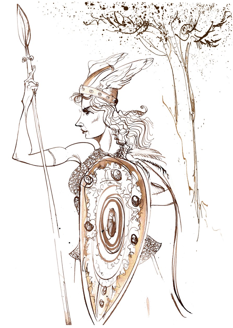 Kirsten Flagstad مثل Brünnhilde من الأوبرا Die Walküre بقلم ريتشارد فاجنر (الملحن الألماني 1813-1883) ؛ كاريكاتير بني داكن بواسطة نيل أوزبورن