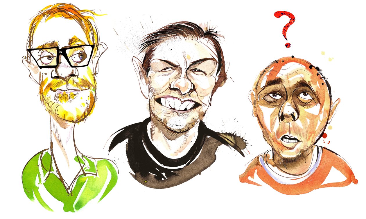 عرض Ricky Gervais مع ممثلين كوميديين إنجليزيين: Stephen Merchant و Ricky Gervais و Karl Pilkington بواسطة نيل أوزبورن