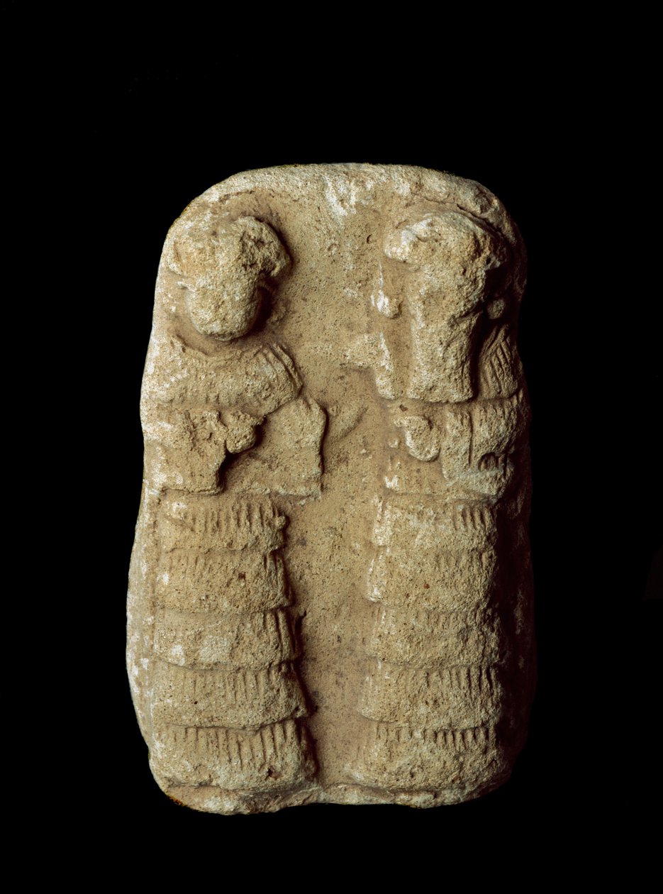 الحضارة السومرية: زوجان من الآلهة على العرش. نحت الطين. خافت. 9 سم من العصر السومري الحديث (بين 2093 و 2004 قبل الميلاد) بغداد ، متحف العراق الوطني بواسطة نيو سومري