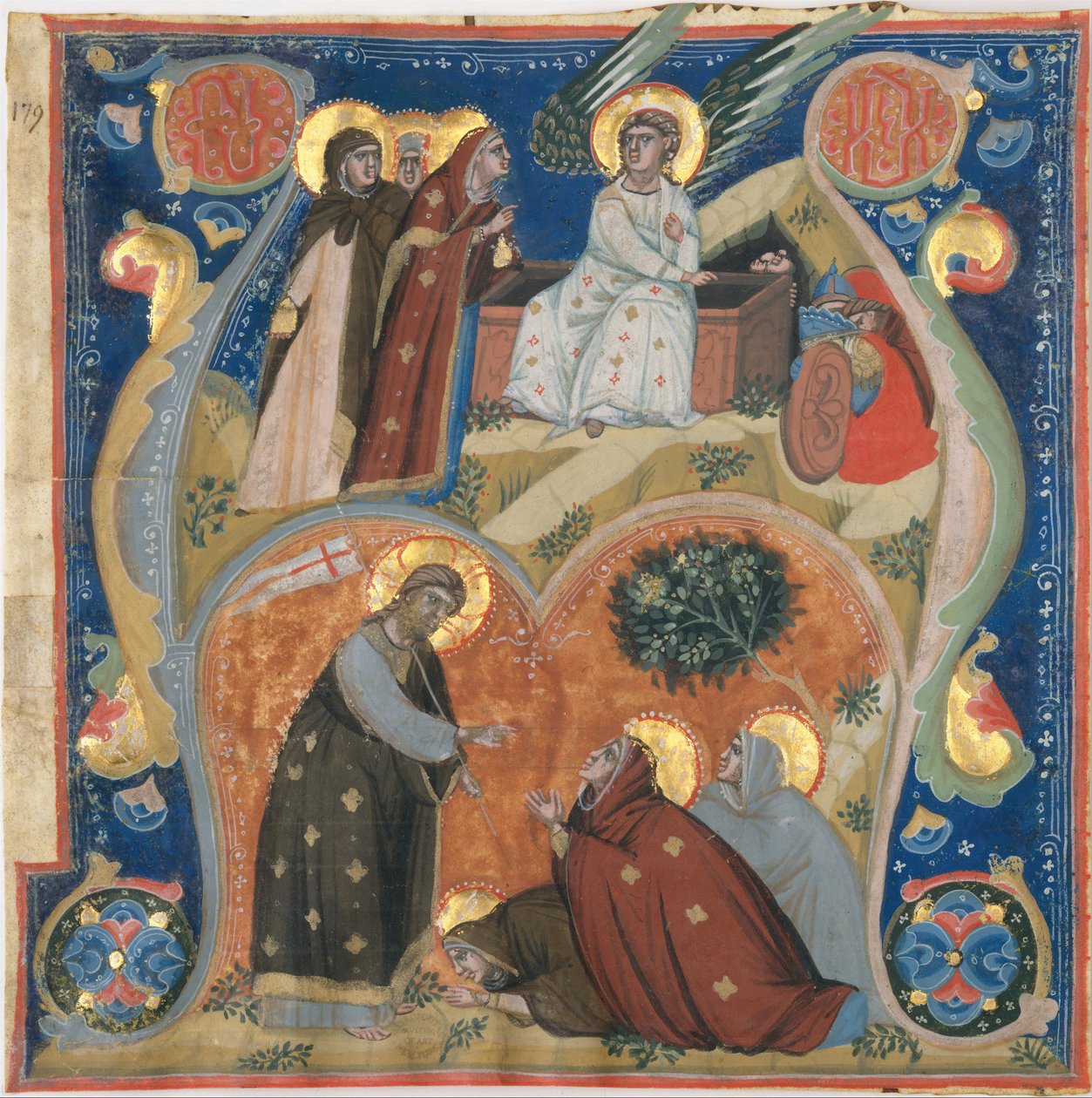 إضاءة مخطوطة بمشاهد عيد الفصح في أول حرف أ ، من Antiphonary ، الإيطالي ، كاليفورنيا. 132 بواسطة نيري دا ريميني