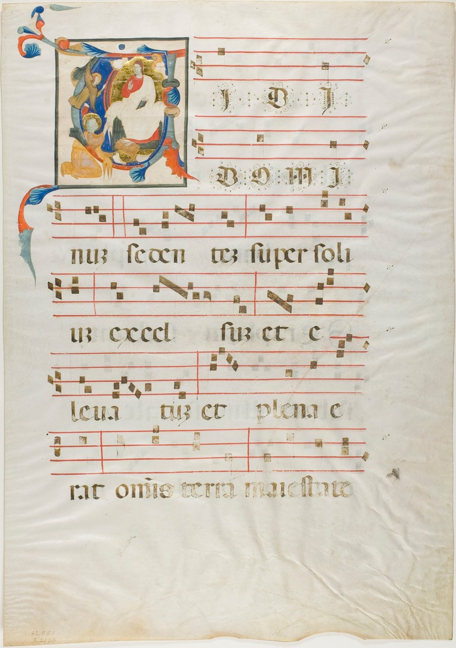 القديس راكعًا أمام الله مُتوجًا في البداية التاريخية "V" من Antiphonary بواسطة نيري دا ريميني