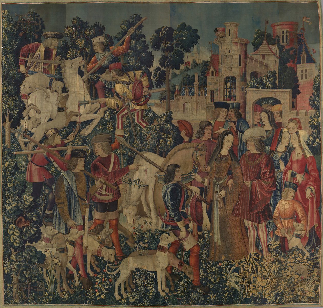 تم قتل يونيكورن وإحضاره إلى القلعة ، c.1500 (التفاف الصوف بالصوف والحرير والفضة واللحوم المذهبة) بواسطة المدرسة الهولندية