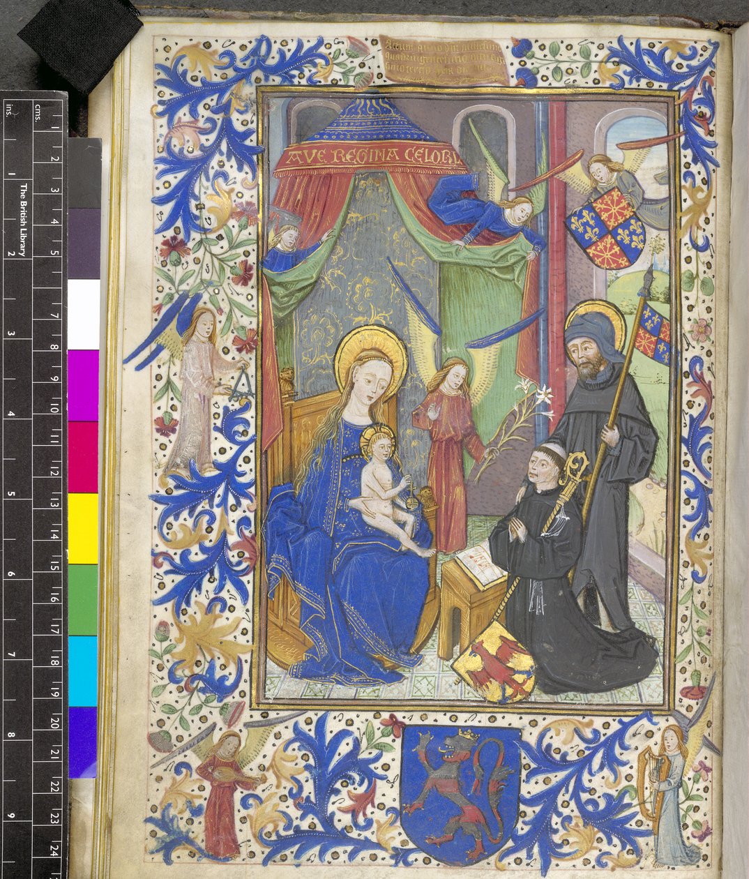 أضف 17440 f.13v Virgin of the Lily مع الراعي Willem van Bossunt ، من Ghent Missal بواسطة المدرسة الهولندية