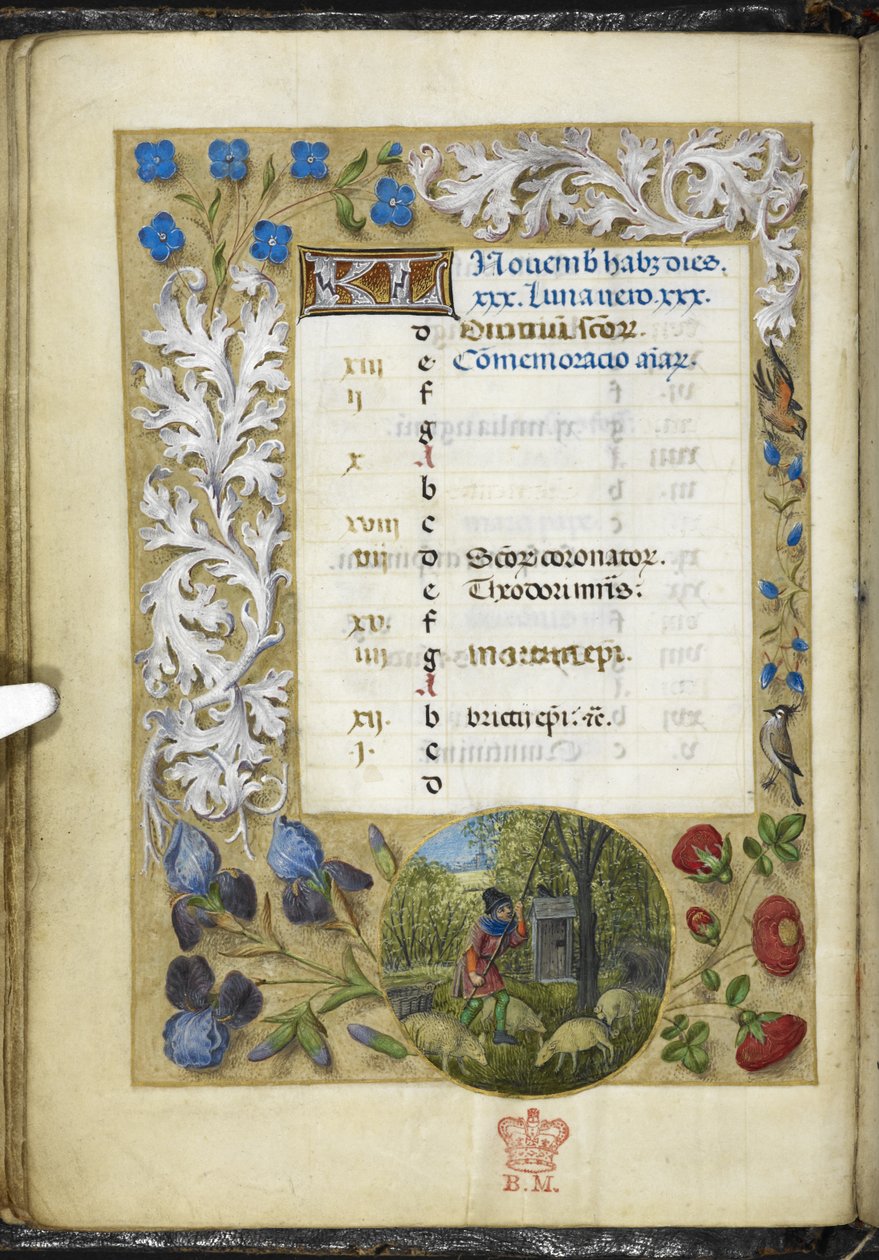 أضف MS 38126 f.11v صفحة التقويم لشهر نوفمبر ، من "كتاب الساعات ، استخدام روما" (The Huth Hours) 1485-90 (ورق) بواسطة المدرسة الهولندية