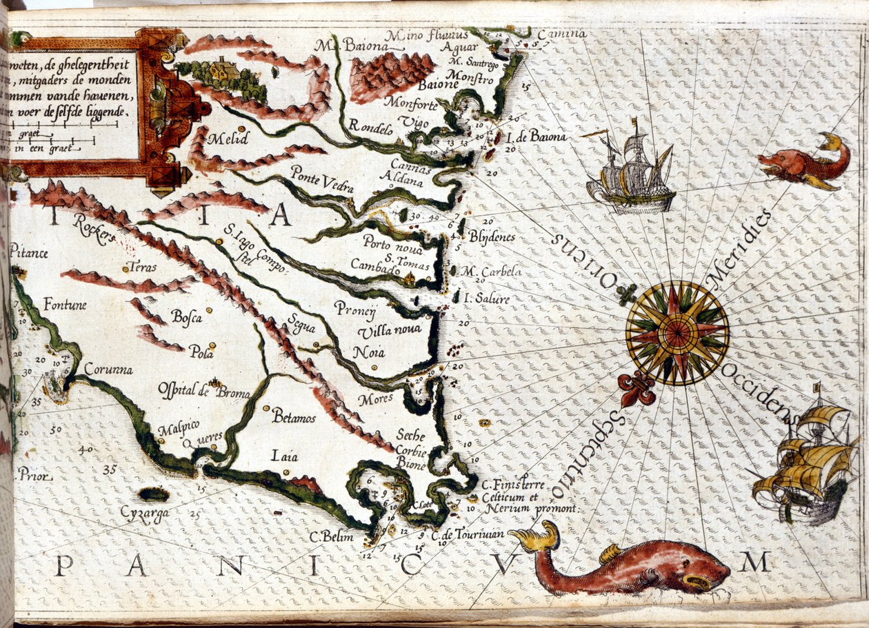 Cape Finisterre بعد بورتولان Luca J. Waghenaer tresoor de zeevaert ، ليدن 1592 بواسطة المدرسة الهولندية