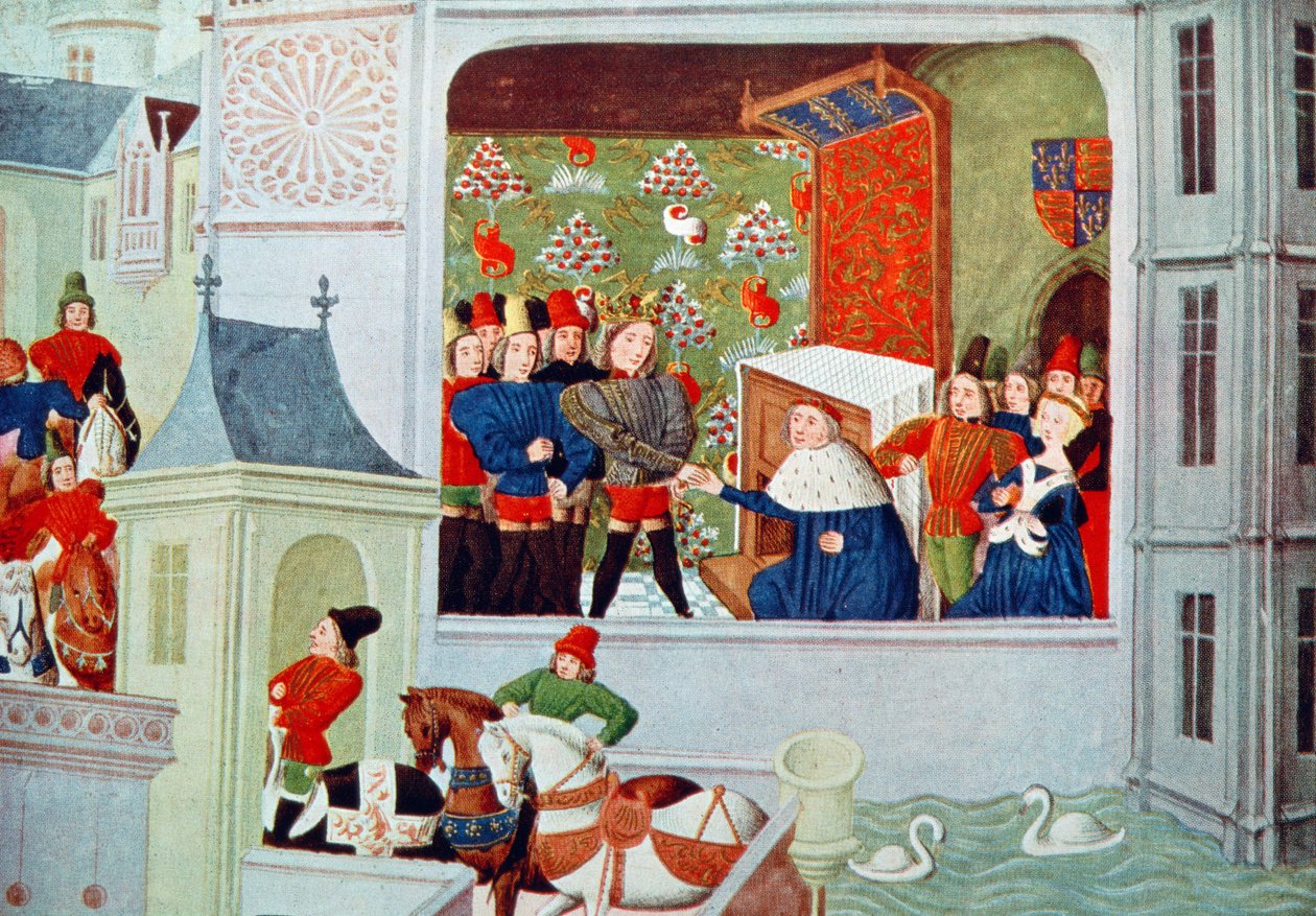 Harl 4380 f.117 مقابلة مع ريتشارد الثاني ودوق غلوستر في قلعة بليشي ، من "تاريخ فرويسارت" بواسطة المدرسة الهولندية