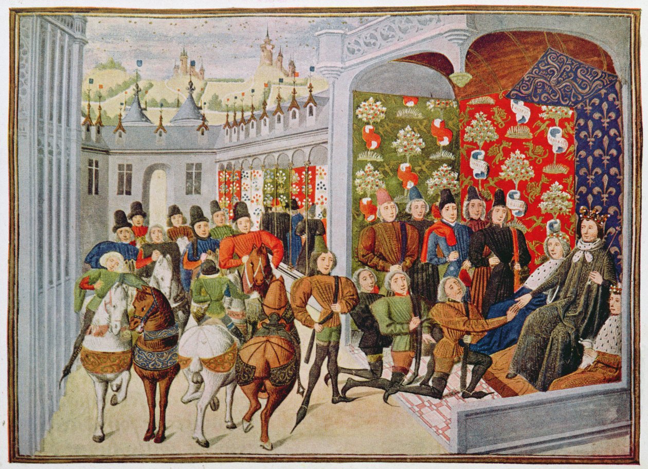 Harl 4380 f.40 الملك شارل السادس ملك فرنسا يستقبل المبعوثين الإنجليز ، من Froissart