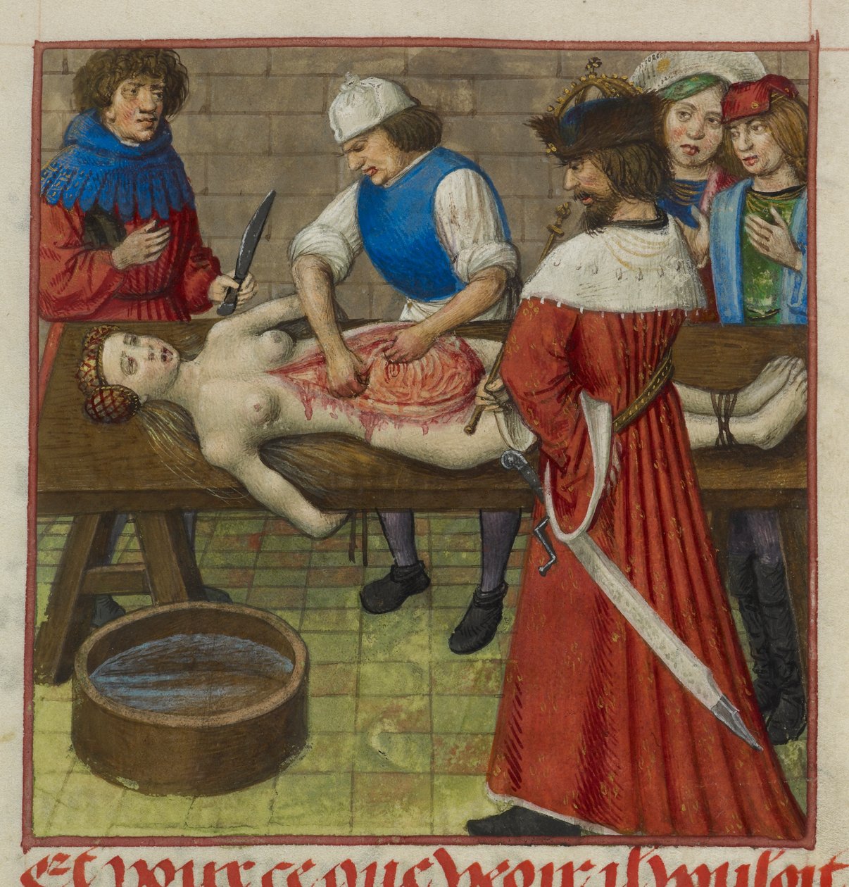 Harley 4425 f.59 Nero يشاهد بينما يتم تشريح والدته Agrippina ، رسم توضيحي من 