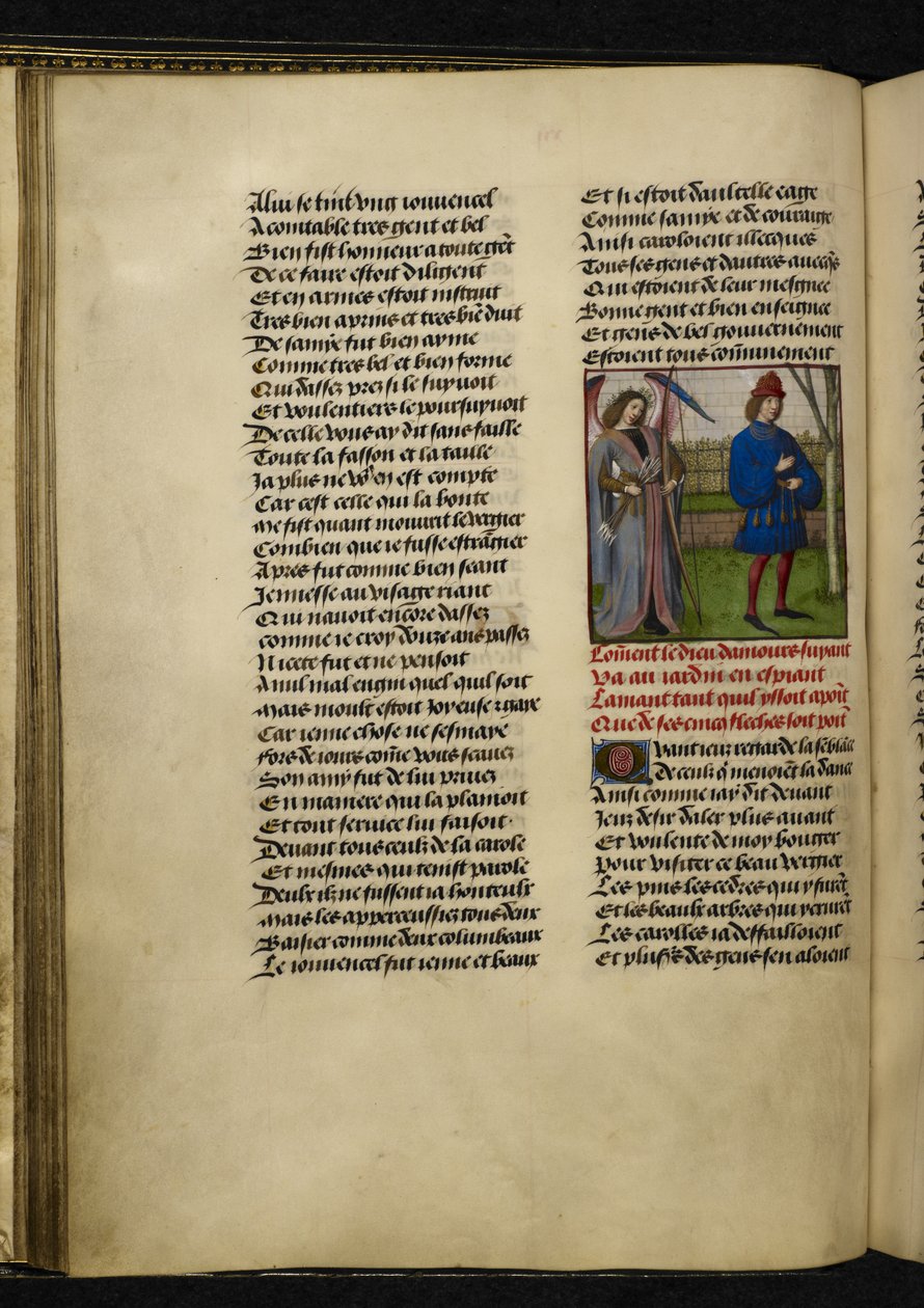 Harley MS 4425 f.18v Amors (إله الحب) و L'Amans ، من "Roman de la Rose" بقلم Guillaume de Lorris و Jean de Meun ، حوالي 1490-1500 (ورق) بواسطة المدرسة الهولندية