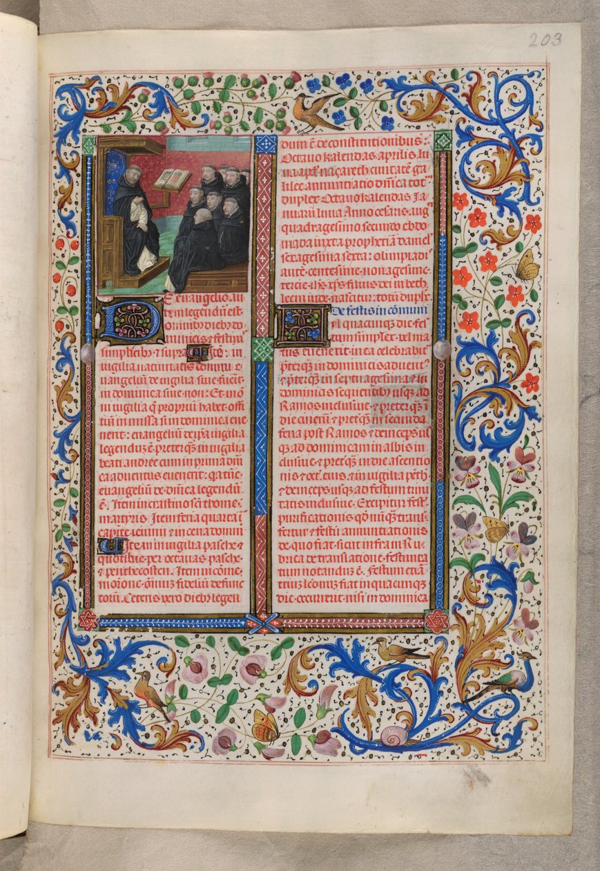 MS 18851، f.203r قراءة الدومينيكان لإخوانه (قواعد الأعياد) ، كتاب الادعيه ، استخدام الدومينيكان (كتاب الادعيه للملكة ايزابيلا قشتالة) بواسطة المدرسة الهولندية