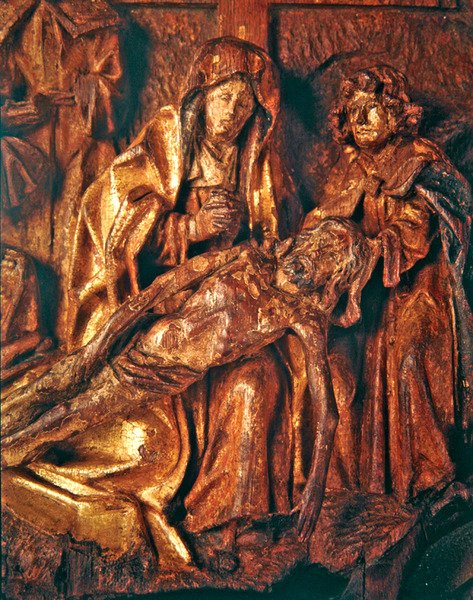 الحداد على المسيح الميت ، c.1500 (خشب البلوط المذهّب والمتعدد الألوان) بواسطة المدرسة الهولندية