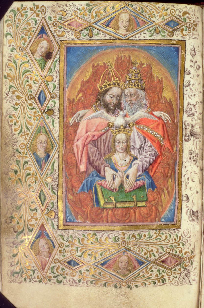 Ms 137 f.138v الثالوث مع العذراء ، من ساعات الحكمة الأبدية ، 1470-80 بواسطة المدرسة الهولندية