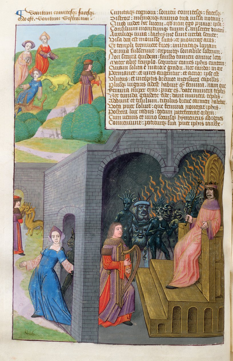 Ms 324 f.101 ضد Orpheus و Eurydice ، و Cerberus و Pluto ، من Metamorphoses 10 بواسطة Ovid ، 1479 بواسطة المدرسة الهولندية