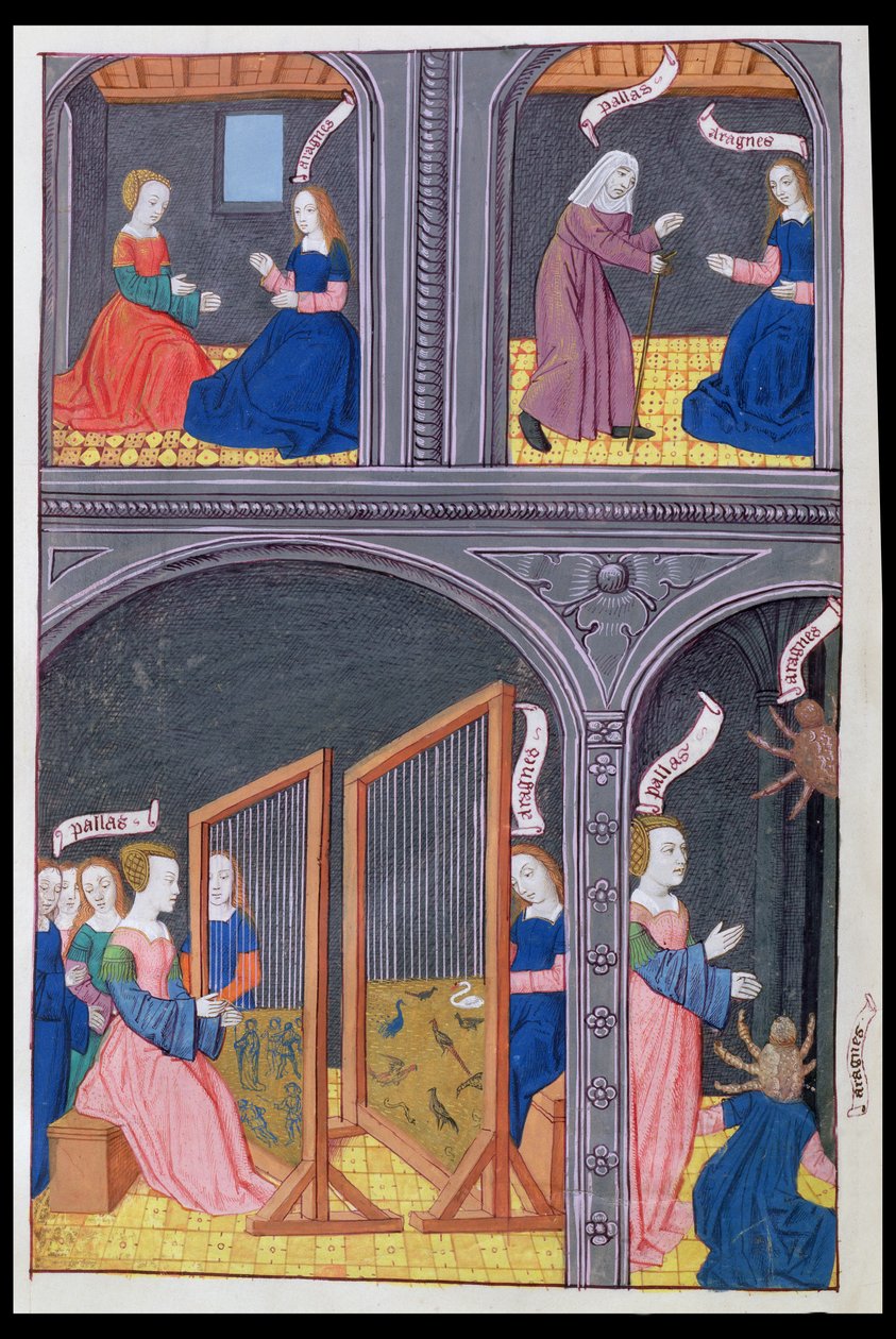 السيدة 324 ص 62 ضد آراشن تتحدى بالاس وتصبح عنكبوت ، من Metamorphoses 6 by Ovid ، 1479 بواسطة المدرسة الهولندية