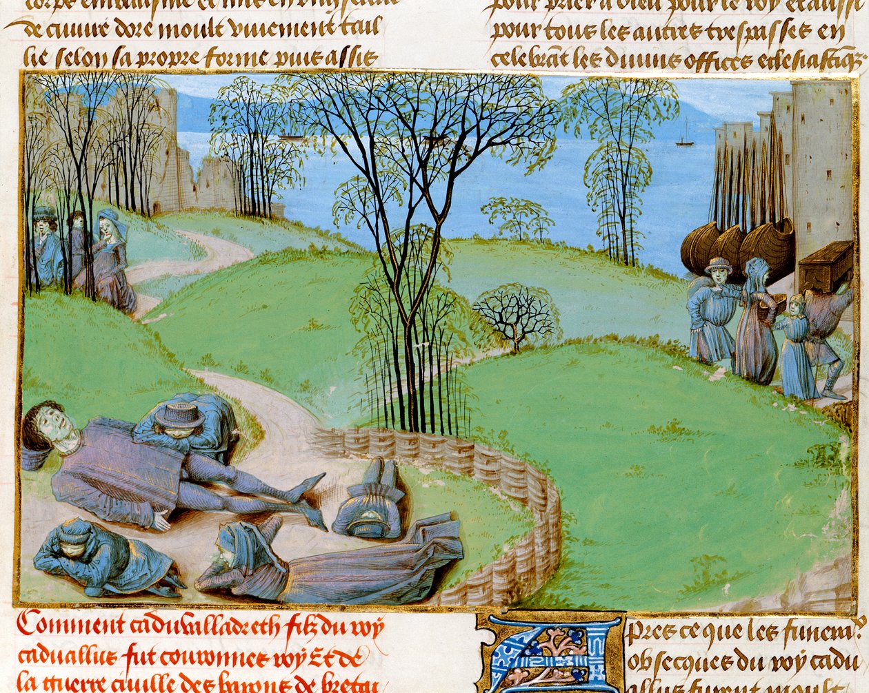 السيدة رويال 15 E.IV fol.187 الوفيات بسبب المجاعة ، من "Chroniques d