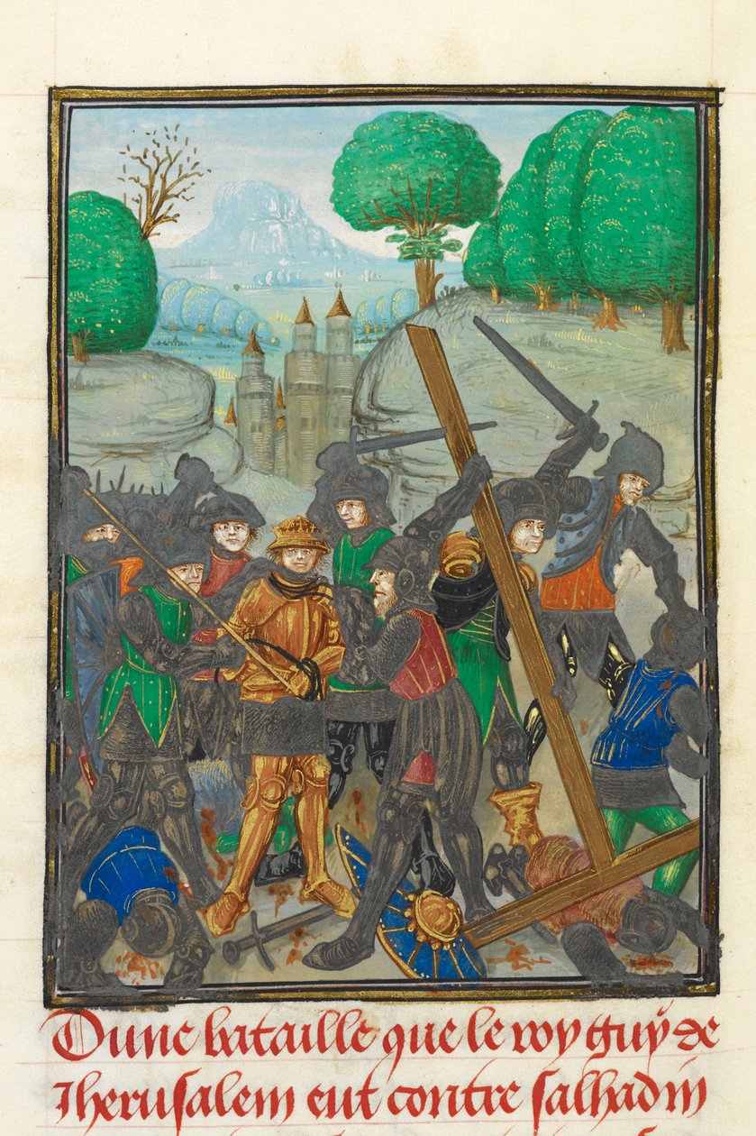 Royal 15 E.I، f.433v هزيمة غي دي لوزينيان وفقدان الصليب المقدس ، رسم توضيحي من "تاريخ الحروب الصليبية" ، بقلم ويليام ، رئيس أساقفة صور بواسطة المدرسة الهولندية