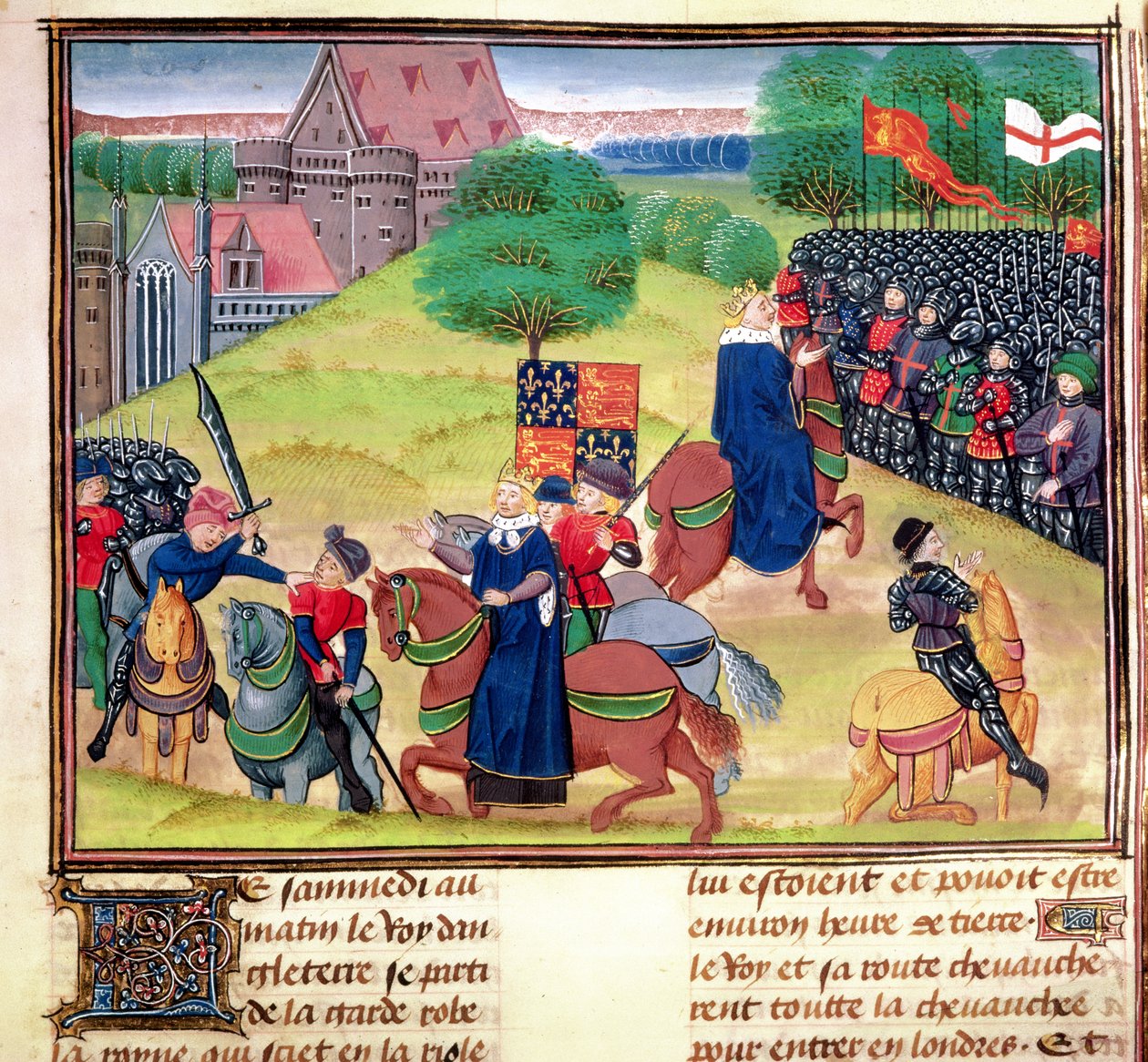 Royal 18 E.1، F.175 وفاة وات تايلر في سميثفيلد ، لندن ، في عام 1381 أثناء ثورة الفلاحين ، رسم توضيحي من `` Chroniques de France et d
