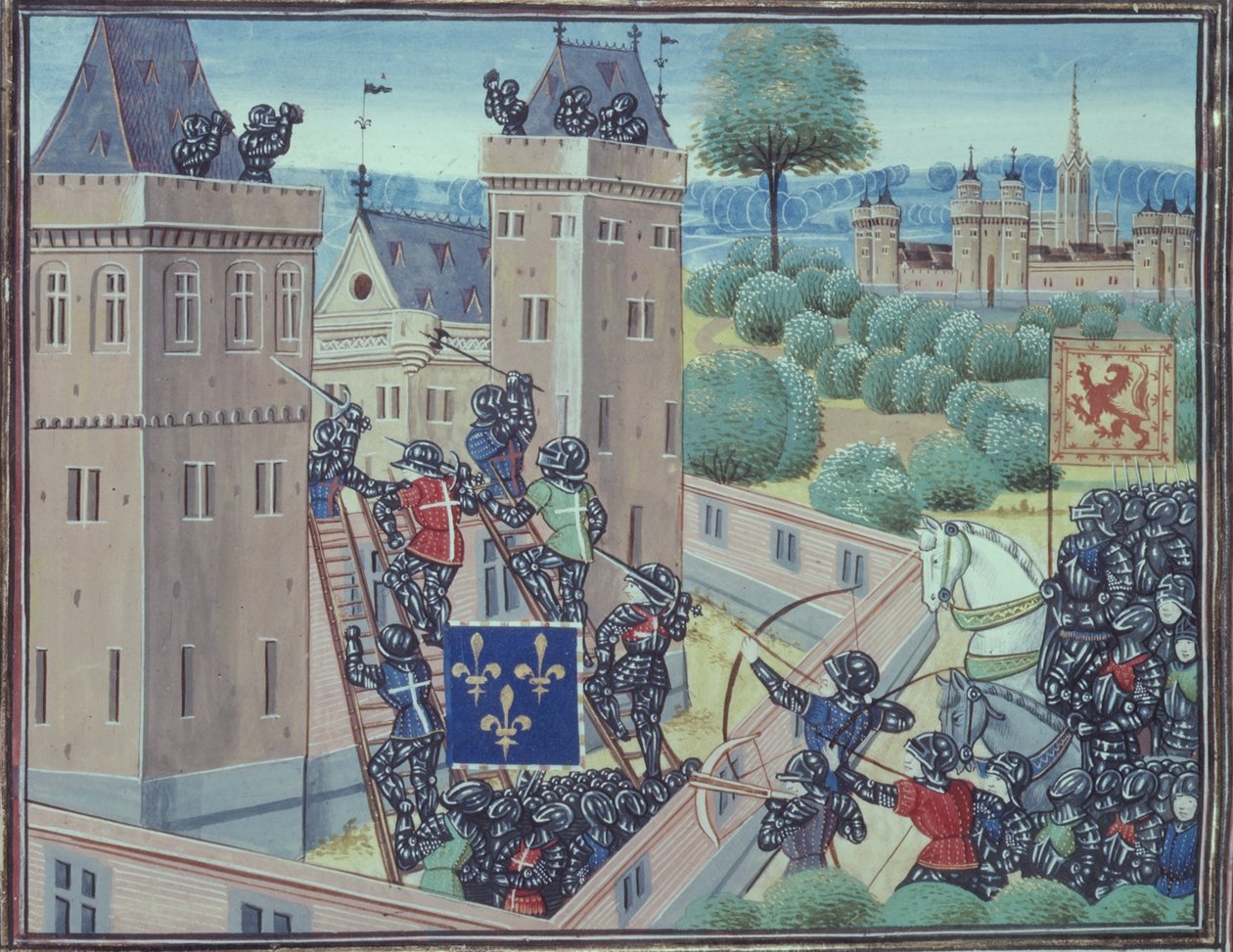 Royal 18 E.1 fol.345 The Capture of Wark Castle by the French and Scots، from Book II of 