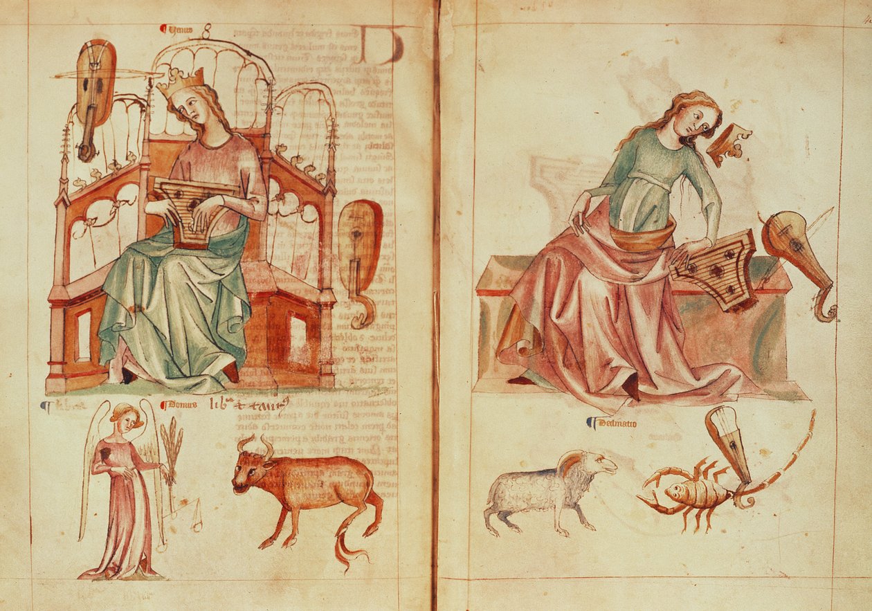 Sloane MS 3983 fol.42v-43 Venus تعزف على آلة بعلاماتها الحاكمة وفي ضرر ، من "Liber Astrologiae" (ورق) بواسطة المدرسة الهولندية