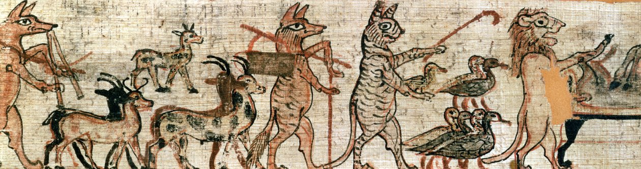 البردي الساخر ، التفاصيل من الجانب الأيمن لإوز رعي القط وأسد يحني حمارًا ، من طيبة ، c.1100 قبل الميلاد (انظر أيضًا 85721) بواسطة المملكة الحديثة المصرية