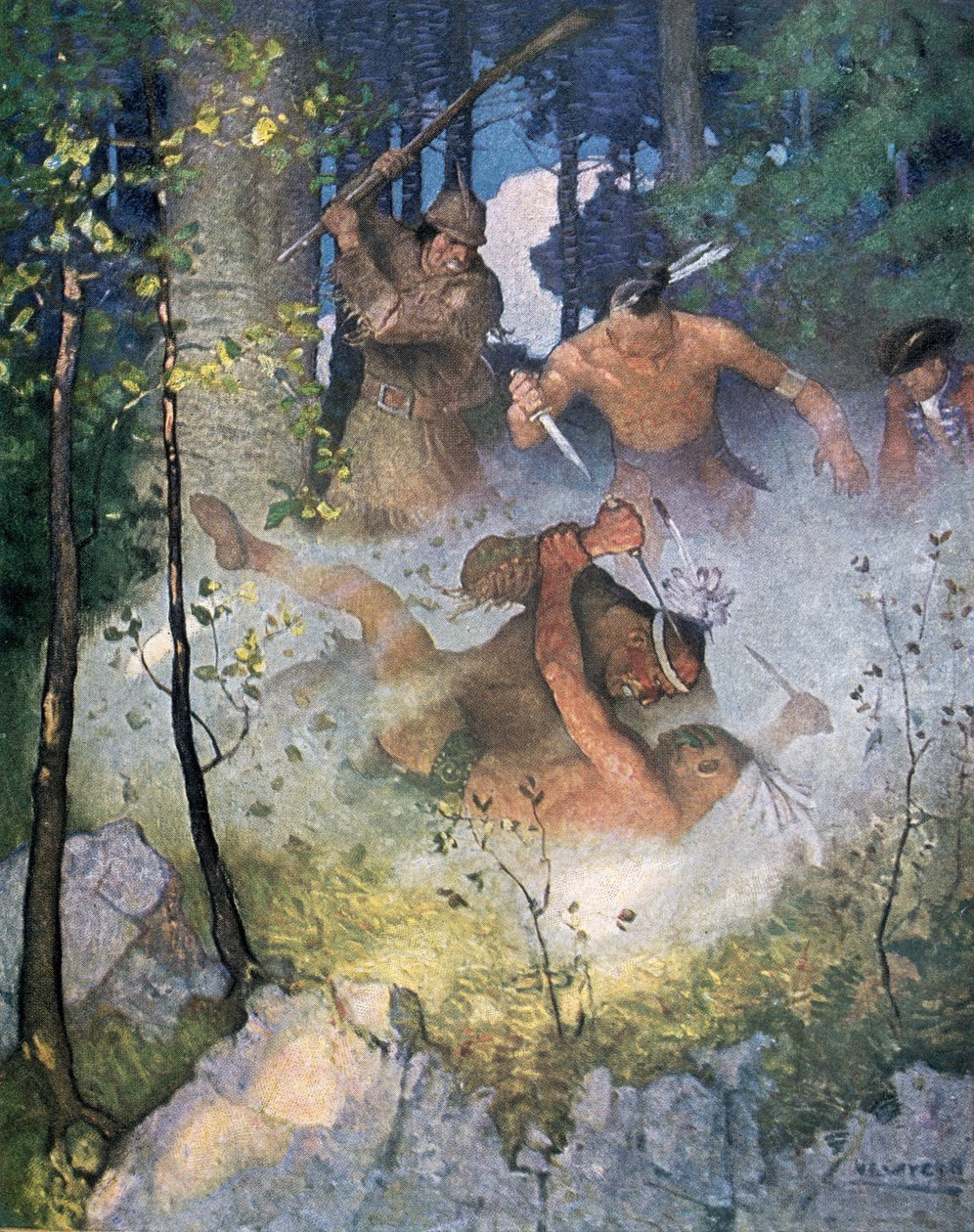 "القتال في الغابة" ، رسم توضيحي من "The Last of the Mohicans" بقلم فينيمور كوبر (1789-1851) ، نشر في نيويورك 1920 بواسطة نيويل كونفيرس ويث