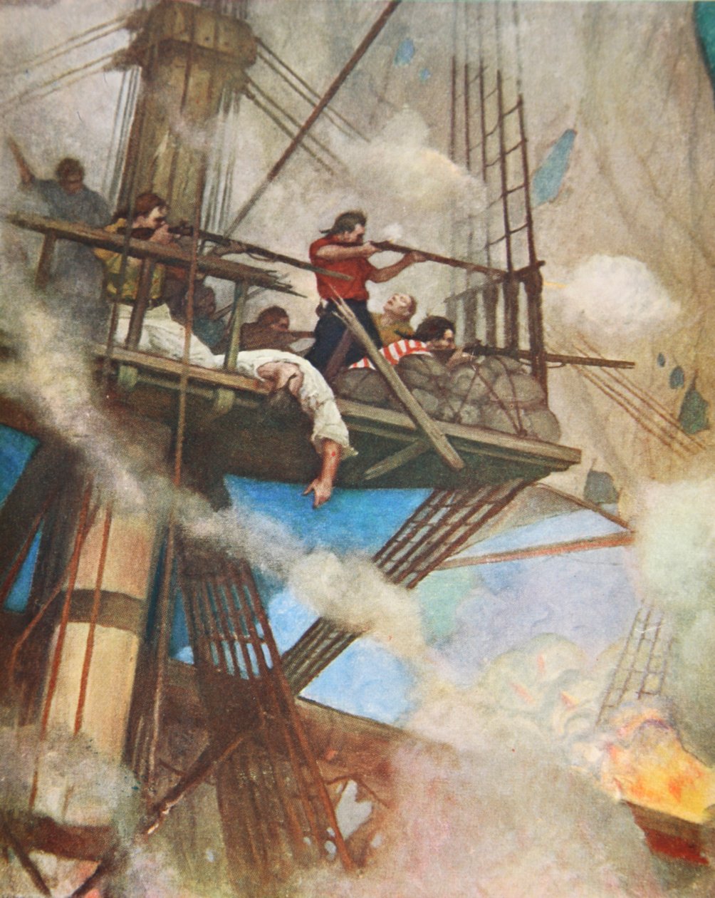 القتال في Fire-tops ضد سفينة إنجليزية (color litho) بواسطة محادثة نيويل (بعد) ويث