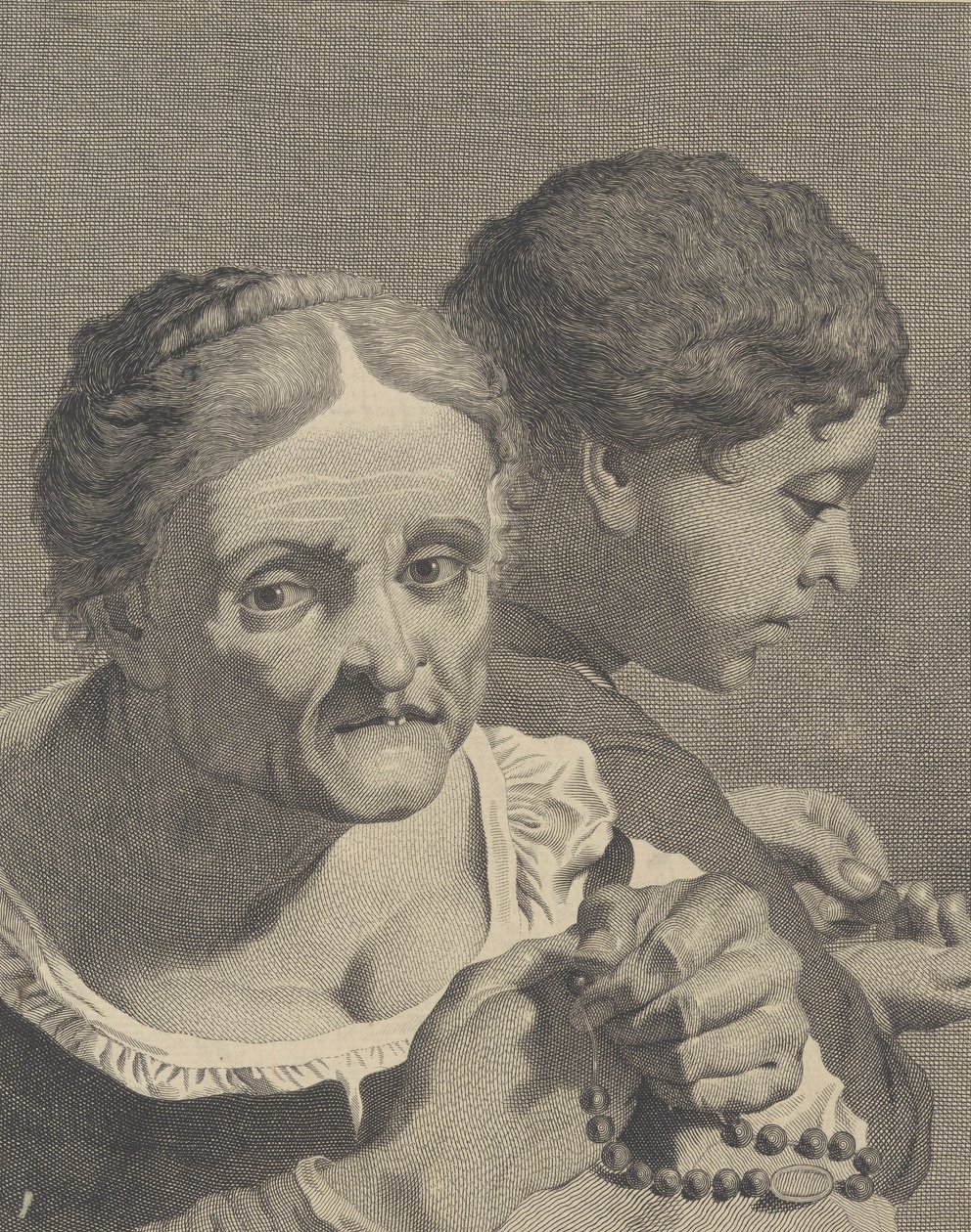 نسخة معكوسة لامرأة عجوز مع مسبحة وصبي يعد العملات المعدنية ، اللوحة 10 فر ... ، كاليفورنيا. 1750-90. بواسطة نيكولو كافالي
