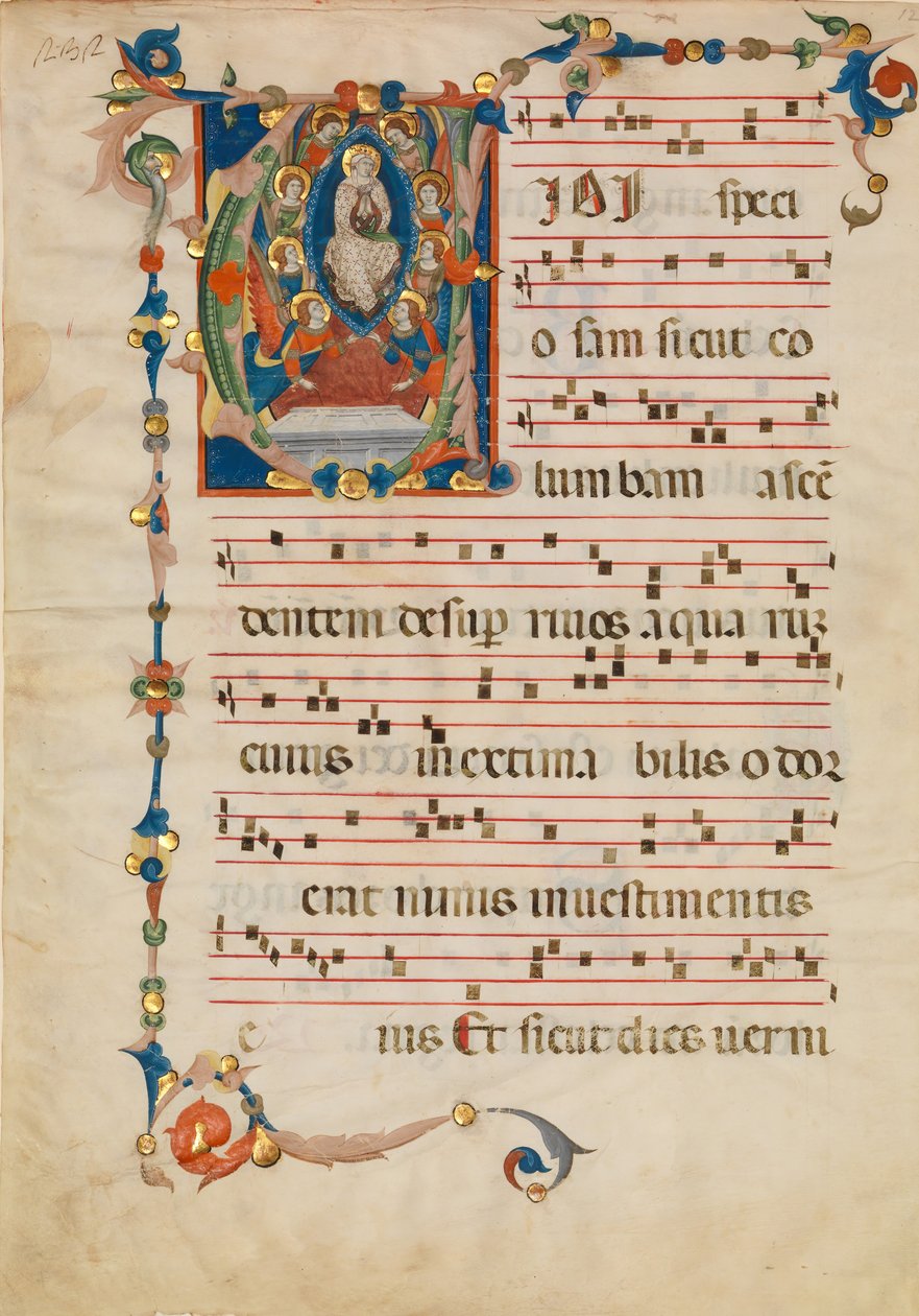 ورقة مخطوطة مع افتراض العذراء في أول حرف V ، من Antiphonary ، كاليفورنيا. 1340. بواسطة Niccolò di ser Sozzo