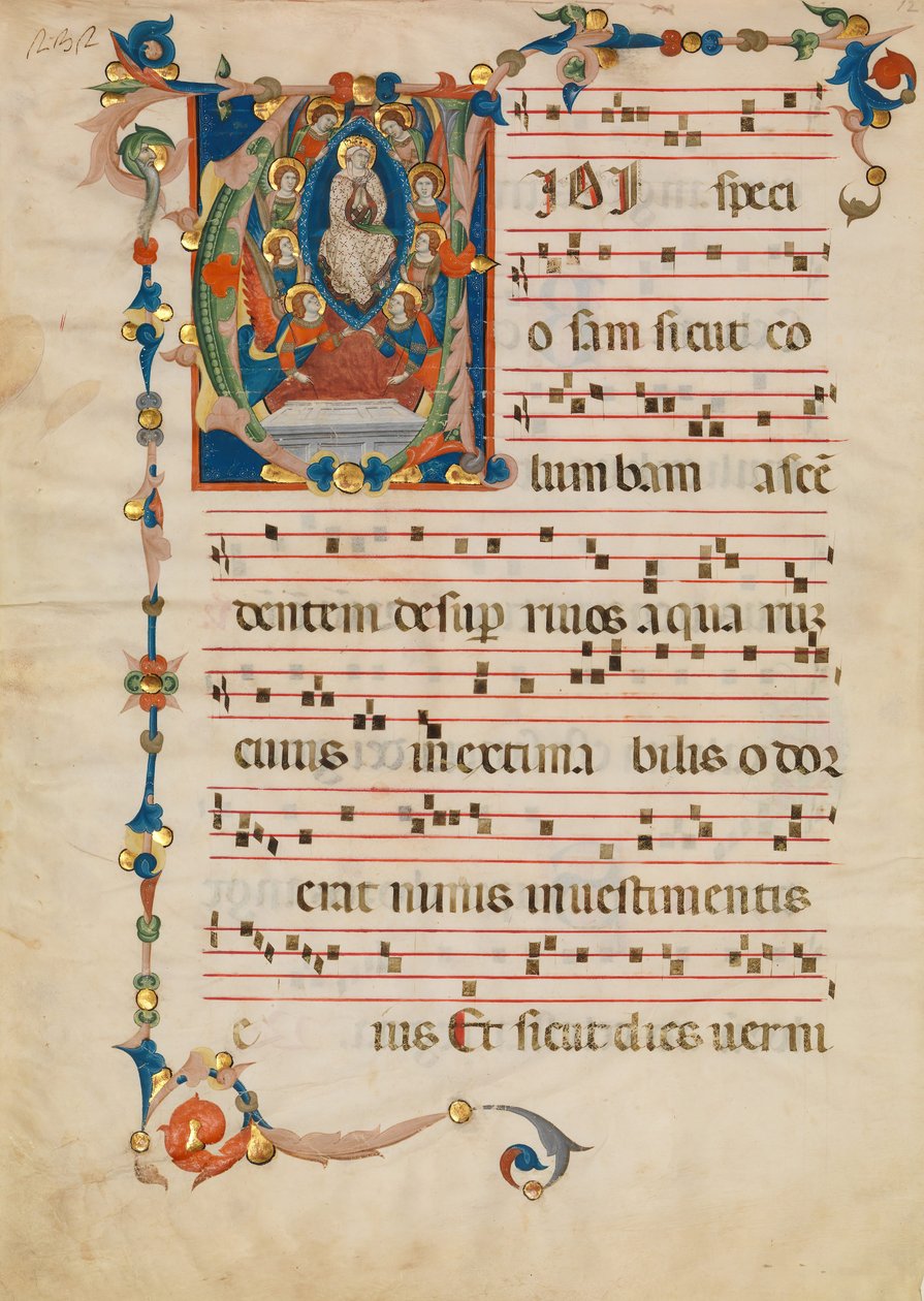 ورقة مخطوطة مع افتراض العذراء في أول حرف V ، من Antiphonary ، كاليفورنيا. 1340 بواسطة Niccolò di ser Sozzo