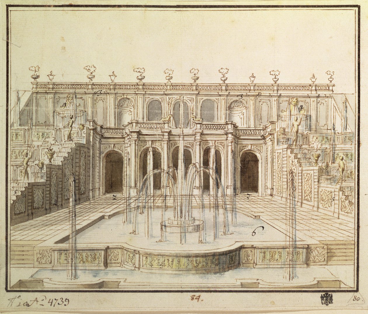 الشلال العظيم في المنتزه السفلي في Peterhof ، 1720 (قلم ، فرشاة ، حبر ومرحاض) بواسطة نيكولو ميشتي