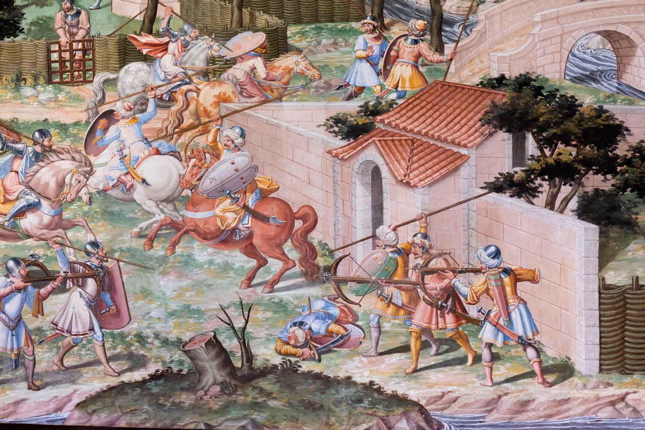 تفاصيل اللوحة الجصية في قاعة المعارك في معركة لا هيغيرويلا عام 1431 (في الهواء الطلق) بواسطة نيكولو (وورشة عمل) جرانيلو