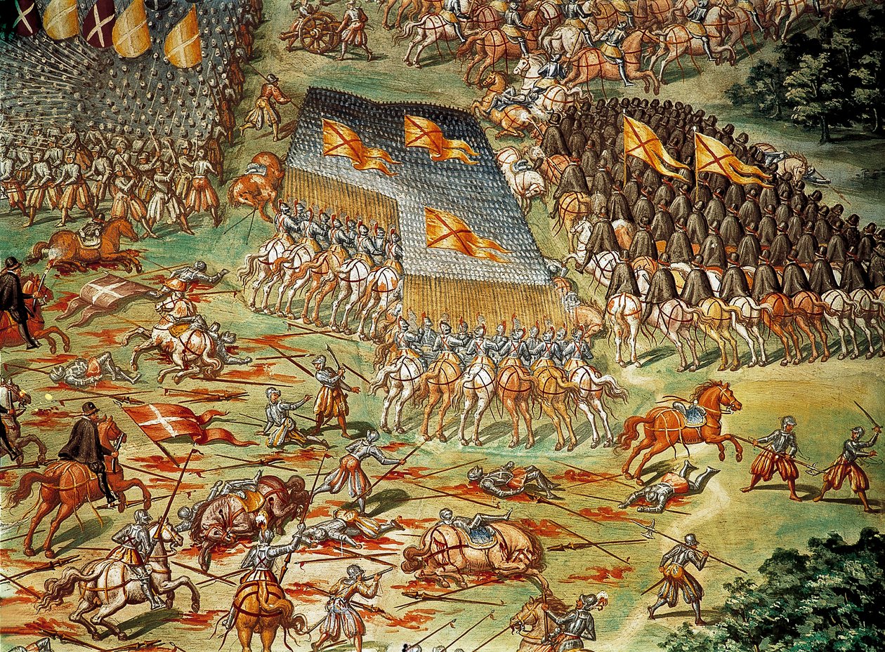 معركة سانت كوينتين (سانت كوينتين) ، التي شهدت انتصار الإسبان على الفرنسيين عام 1557 ، أثناء الحروب الإيطالية ، بالتفصيل مع هجوم بسلاح الفرسان بواسطة نيكولو (وورشة عمل) جرانيلو
