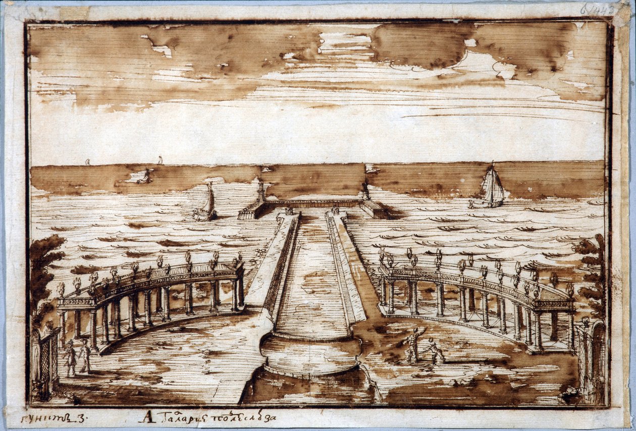 كولونيد "معرض المنحنيات" في جيتواي في بيترهوف. المشروع - نيكولا ميشيتي (1675-1759). قلم حبر بني هندي على ورق بواسطة نيكولو ميشتي