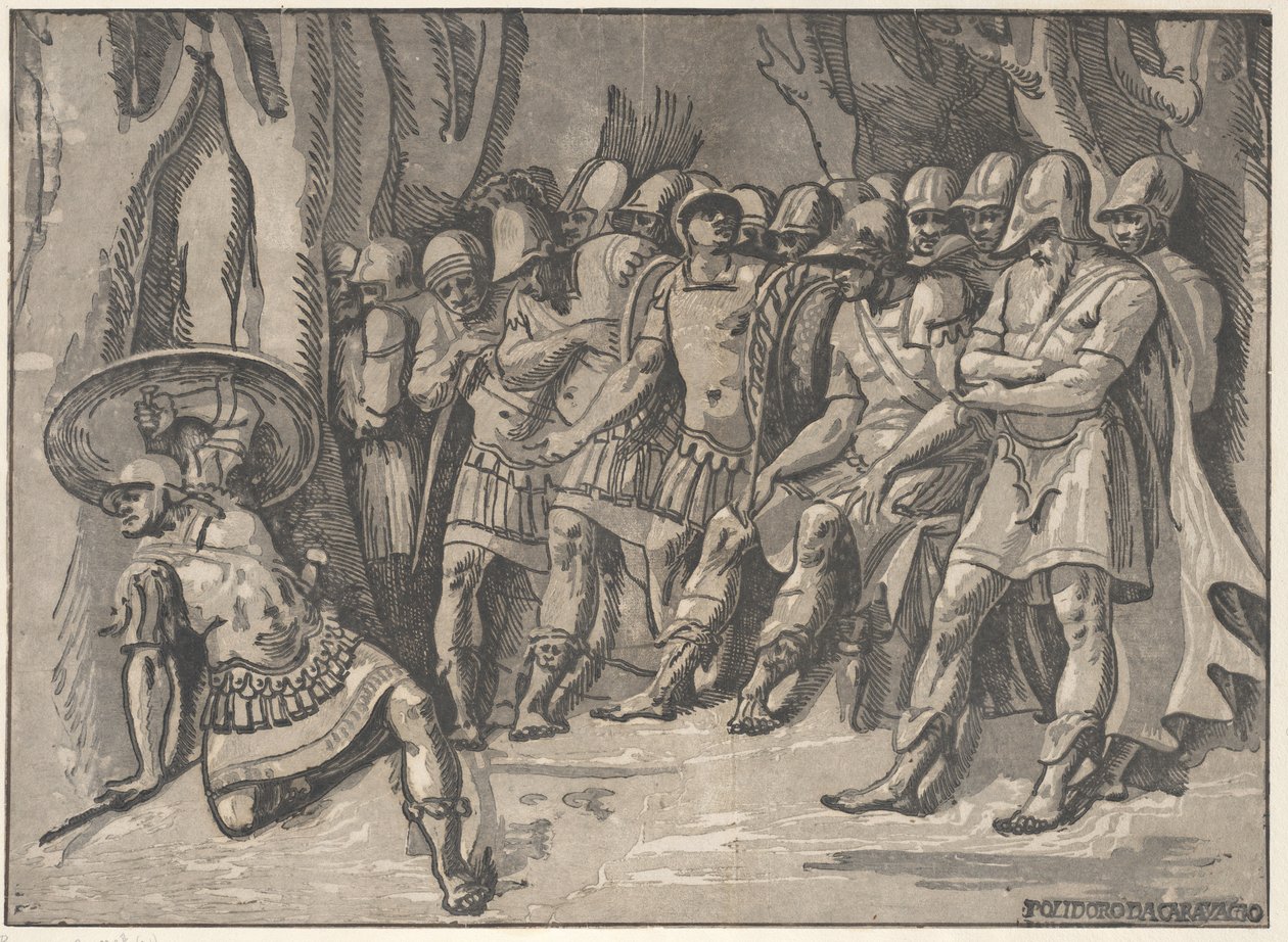 أياكس أسفل اليسار يحمل درعًا عالياً ، على اليمين يقف أجاممنون محاطًا به ... ، 1540-50. بواسطة نيكولو فيسينتينو