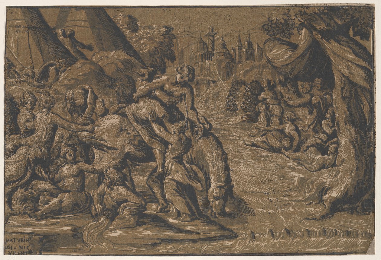 كلويليا البطل الروماني في الوسط يتم مساعدته على حصان ، روما في الخلفية ، ... ، 1540-50 بواسطة نيكولو فيسينتينو